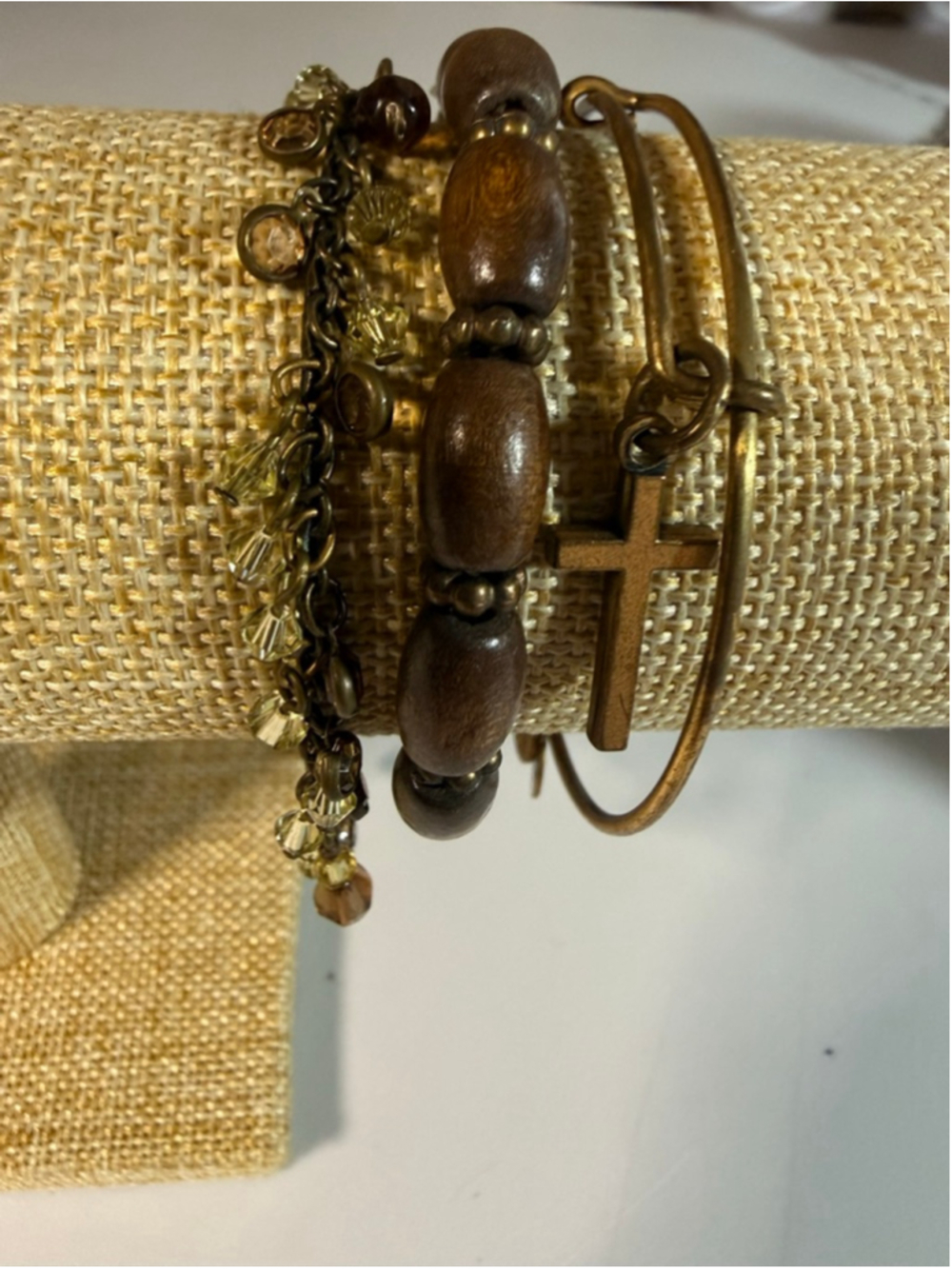 Pre-Loved Curated Alex and Ani Bronze & Brown Beaded Cross Charm Bracelet Stack